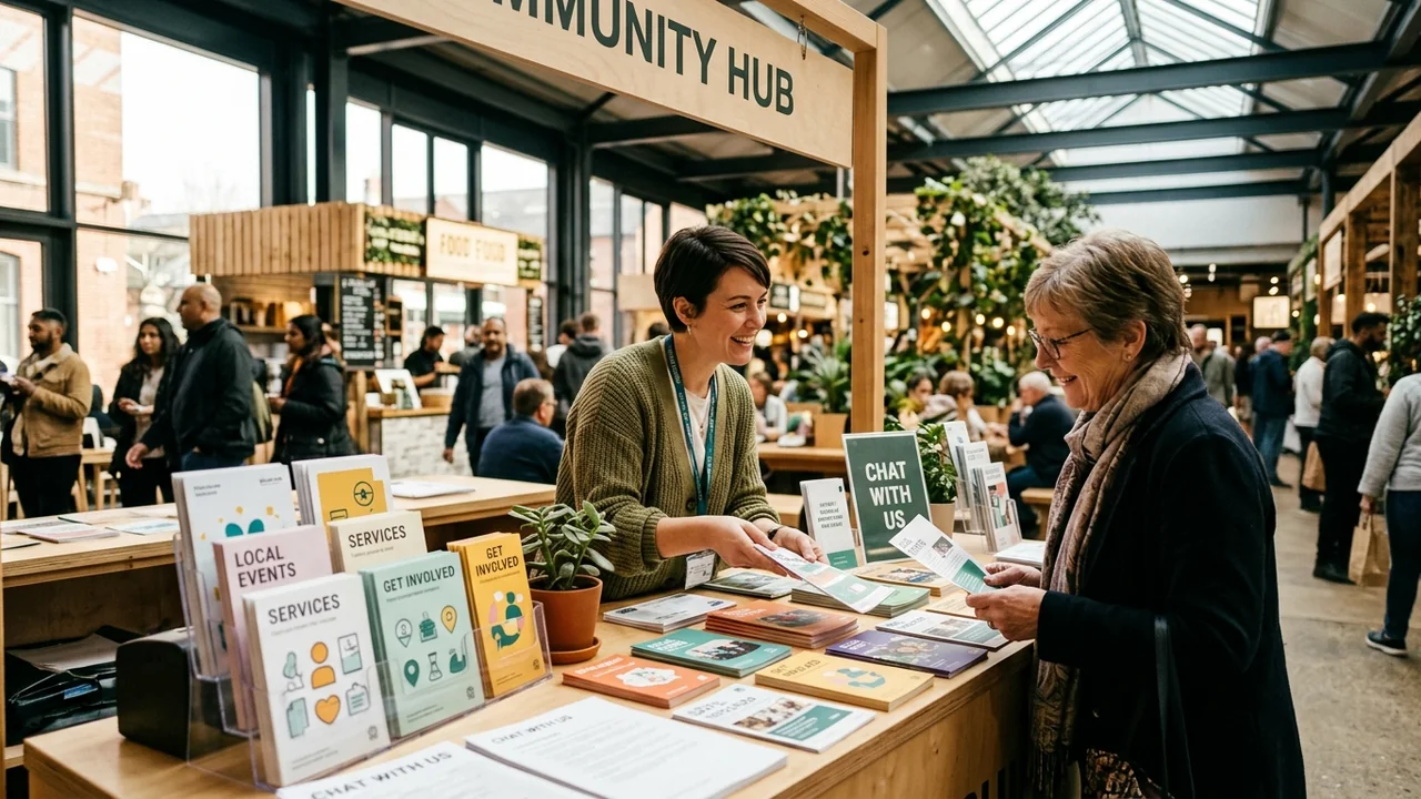 A friendly woman at a community hub stall hands a brochure to a visitor.