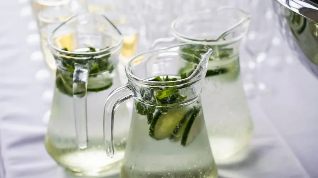 Clear glass pitchers filled with refreshing cucumber and mint infused sparkling water.