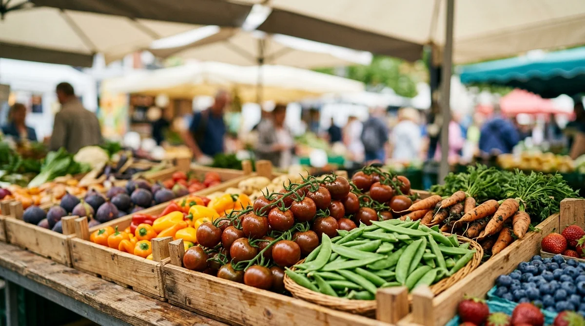 Wooden crates filled with fresh colorful vegetables and berries at an outdoor market.