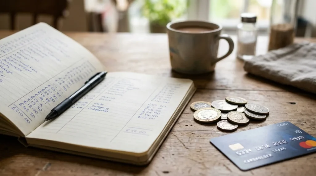 An open notebook with financial records, a pen, coins, and a debit card.