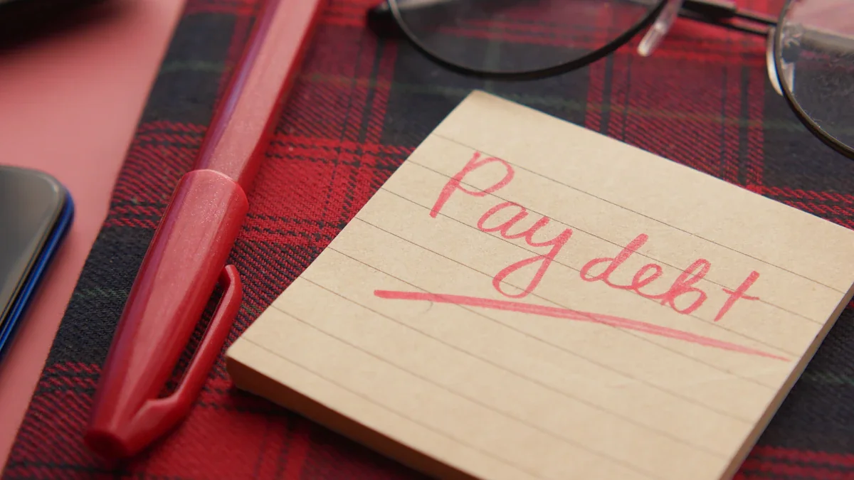 Sticky note with the words Pay Debt written in red ink on a desk.