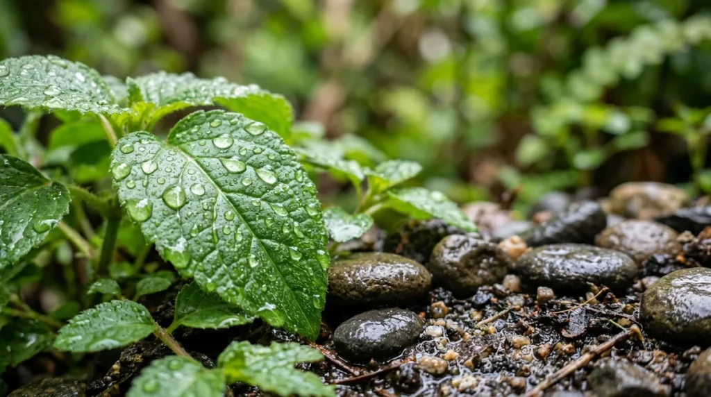 Close-up of vibrant green plant leaves covered with raindrops beside smooth dark garden stones.