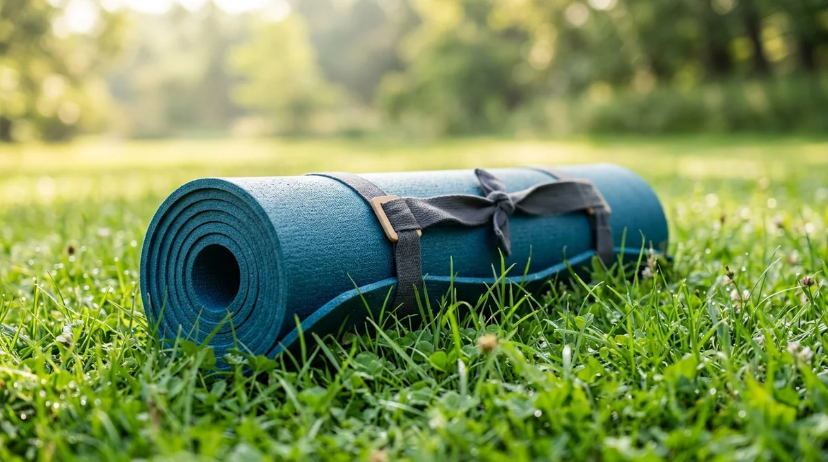 A teal rolled yoga mat with a carrying strap resting on green grass.