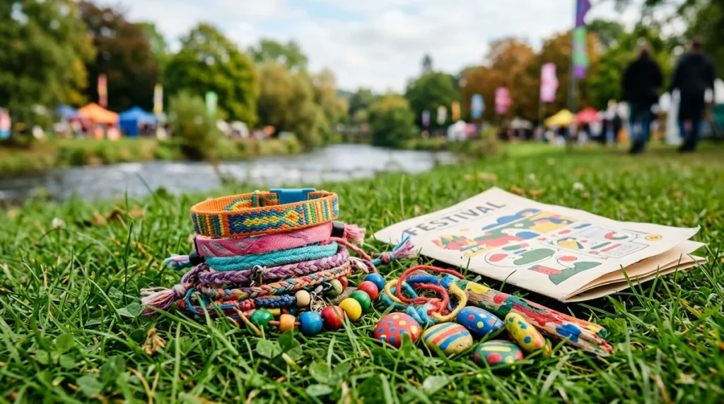 Colorful woven bracelets and painted stones sit on grassy riverbank at a festival.