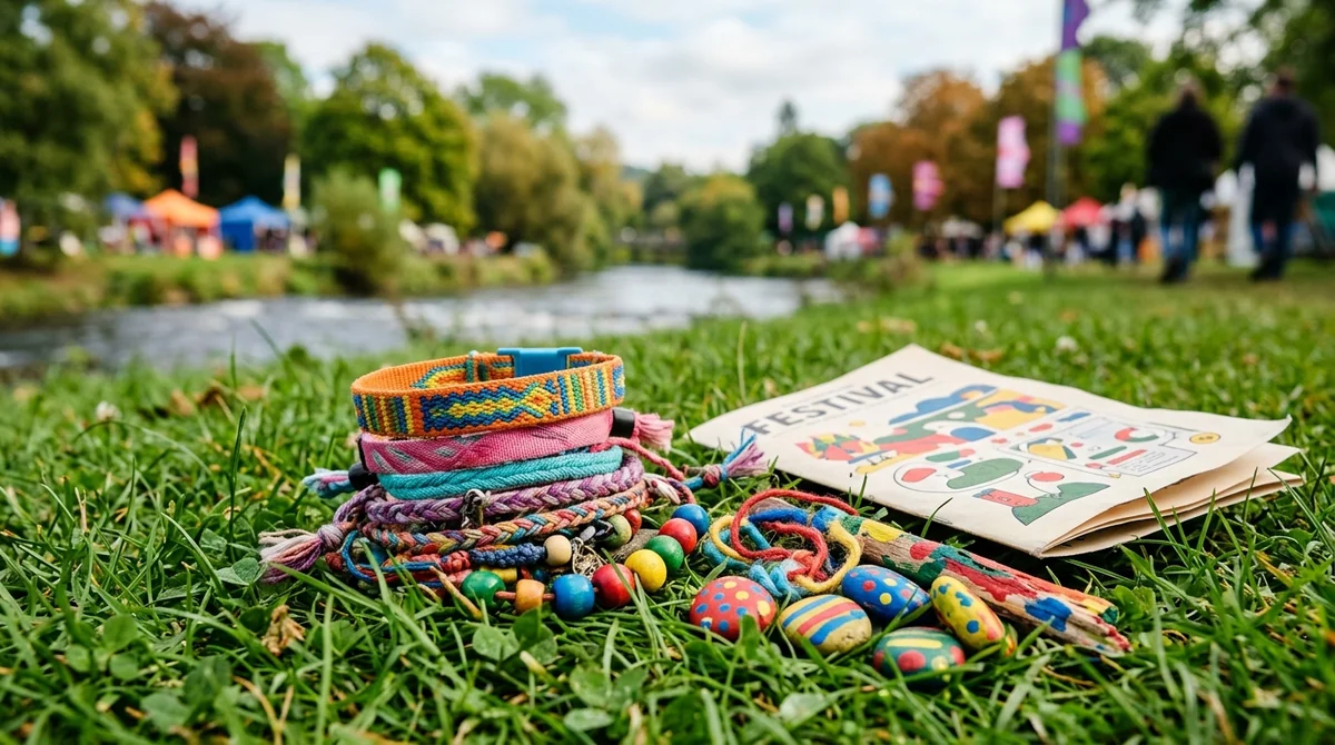 Colorful woven bracelets and painted stones sit on grassy riverbank at a festival.