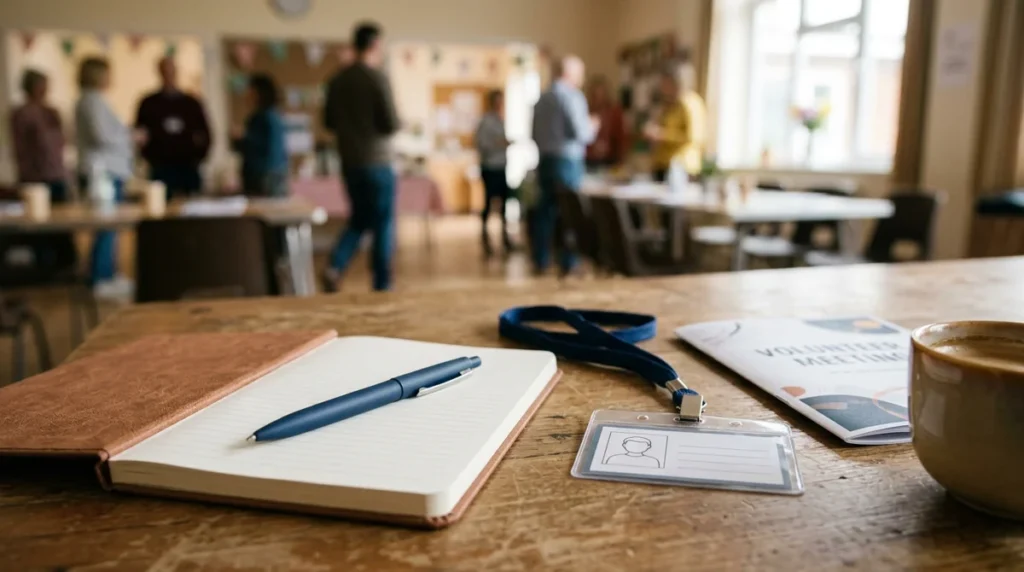 A notebook, blue pen, ID badge, and coffee cup on a table before a meeting.