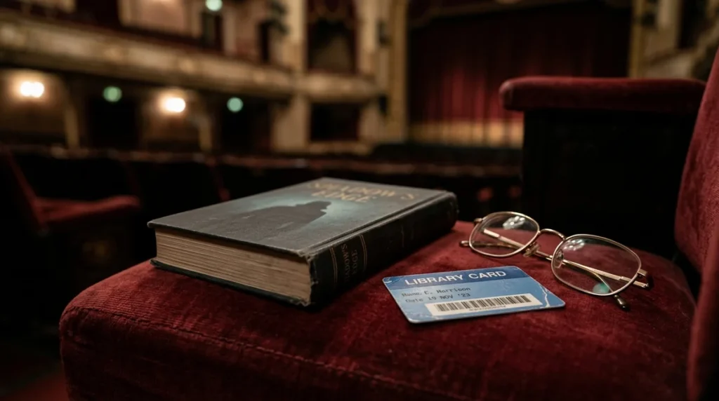 A book titled Shadow's Edge, glasses, and a library card sit on a theater seat.