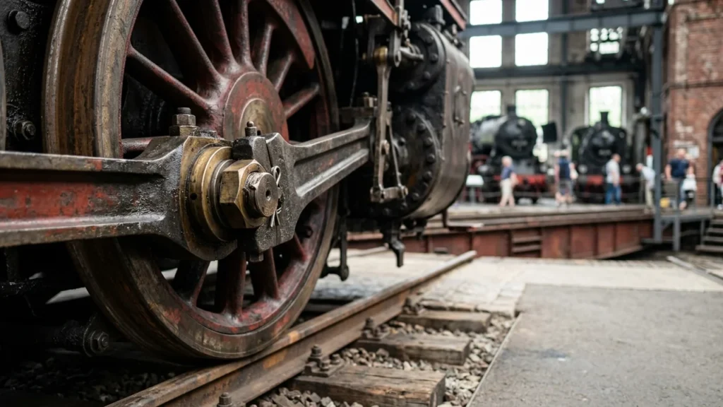 A close-up view of a historic steam locomotive wheel at a railway museum.
