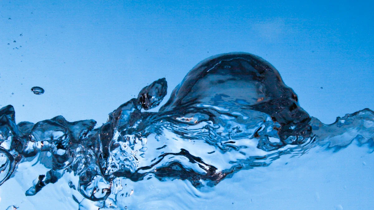 Close-up of turbulent water splashing against a clear, solid blue background.