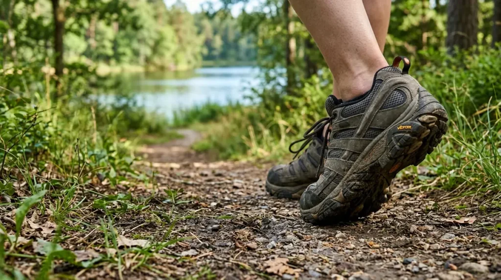 Close up of a person hiking in rugged boots on a forest trail path.