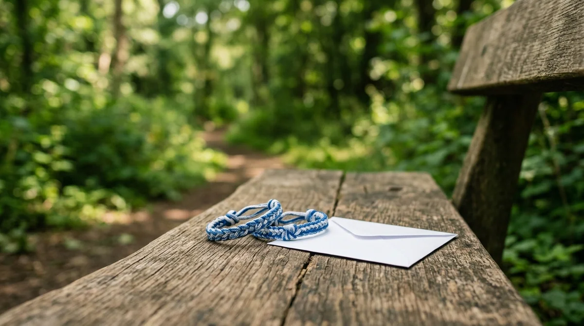 Two woven blue and white bracelets resting next to a white envelope on a bench.