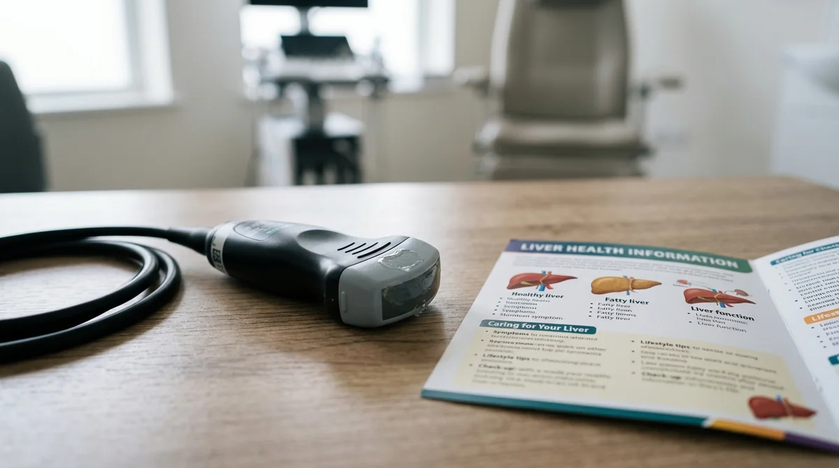 An ultrasound probe resting on a wooden table beside a liver health information pamphlet.
