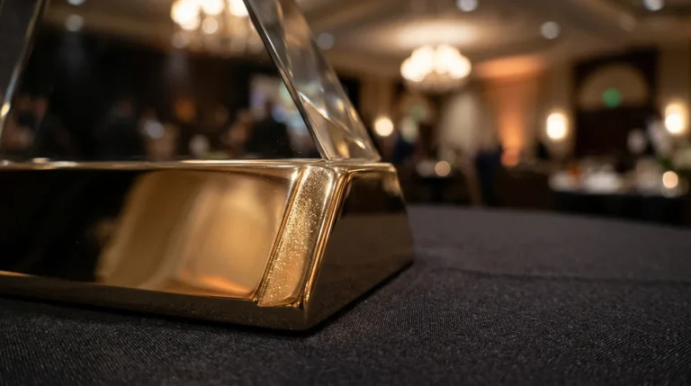 Close-up of a glass and gold award trophy sitting on a dark tablecloth.