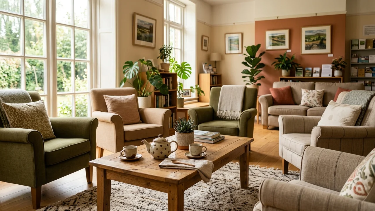 A cozy, well-lit living area featuring multiple armchairs, a wooden coffee table, and plants.