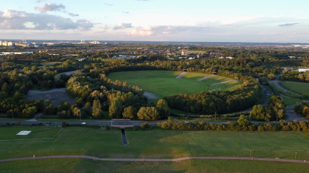 Aerial view of The National Bowl in Milton Keynes at sunset.