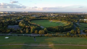 Aerial view of The National Bowl in Milton Keynes at sunset.