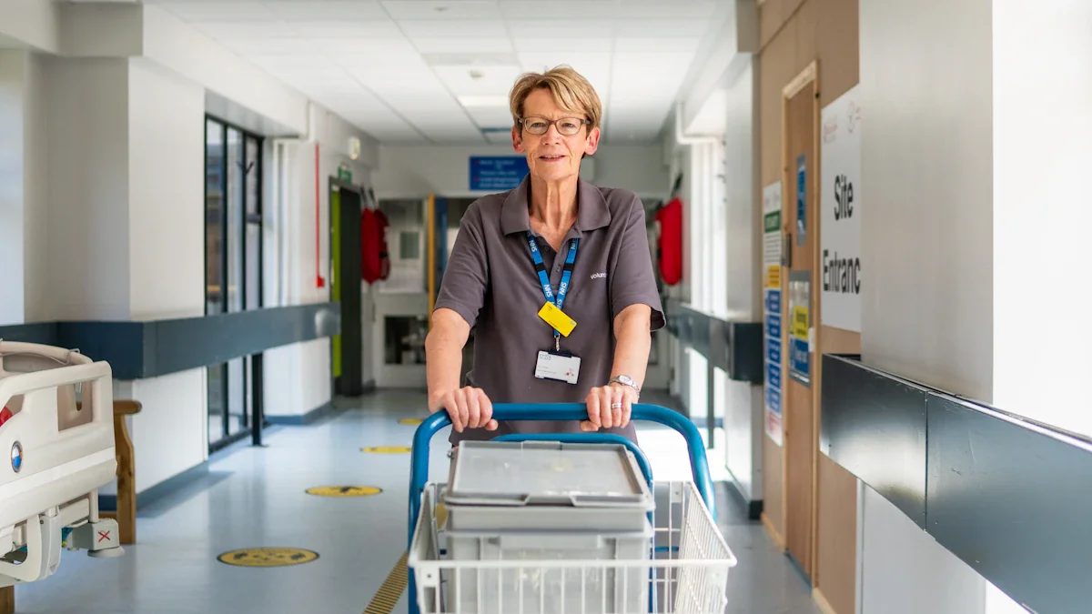 A dedicated volunteer pushing a trolley through a hospital corridor in Milton Keynes.