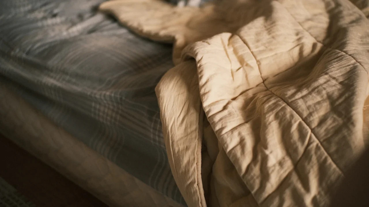 A close-up of a rumpled bed with beige comforter and striped bedding.