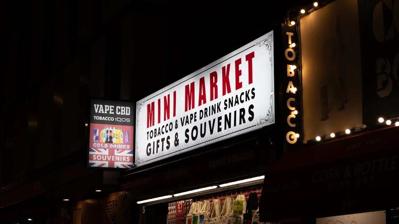 A lit mini market sign at night advertising tobacco and vape products.