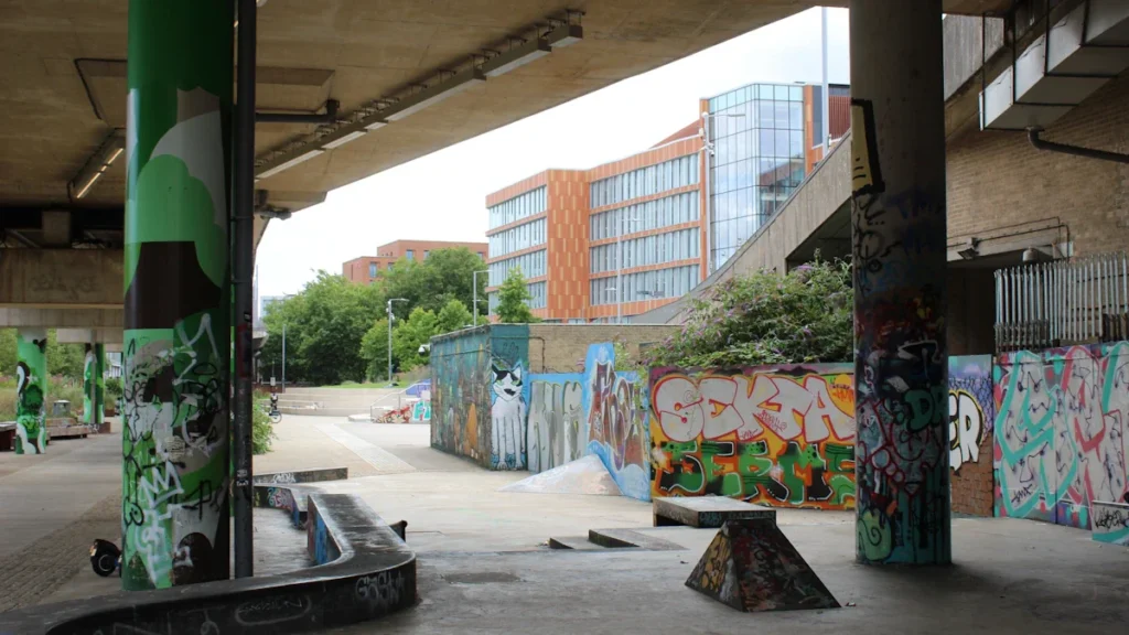 An urban skate park under a concrete overpass in a UK city.