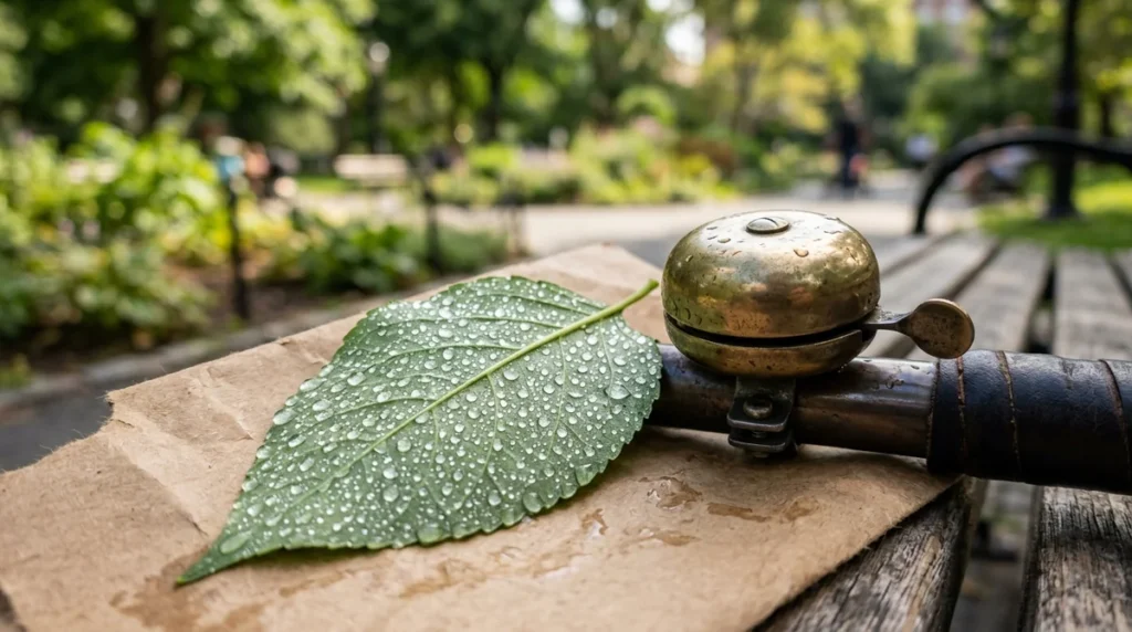 A dewy green leaf rests on paper near a vintage bicycle bell outdoors.