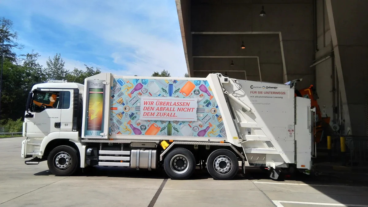 Modern waste collection truck parked outdoors against a grey industrial building.