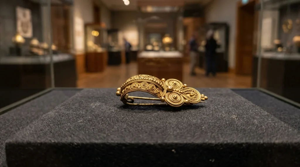 An ornate golden ancient brooch displayed on a dark pedestal in a blurred museum.