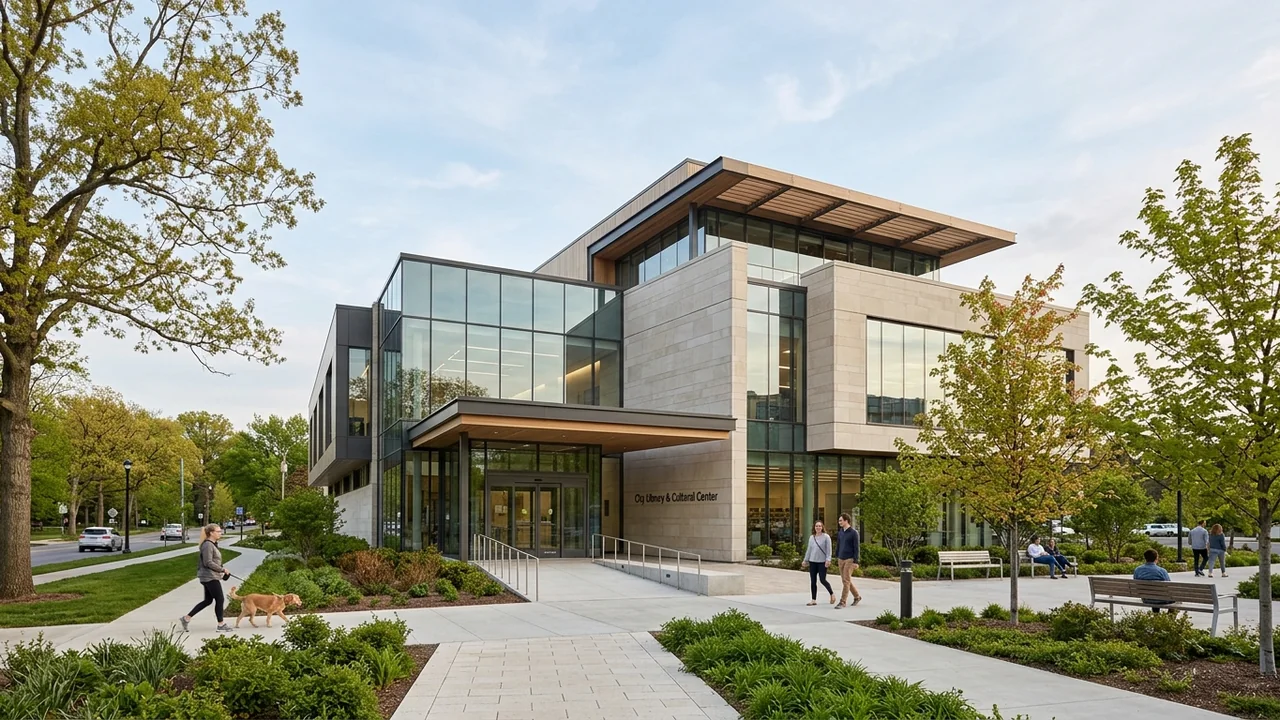 A modern stone and glass library building surrounded by green trees and paved walkways.