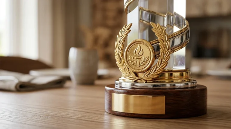 A crystal and gold award trophy sitting on a wooden table in bright light.